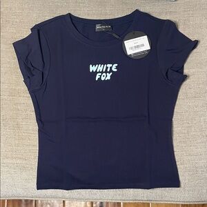 White Fox BREAK THE RECORDS baby tee in Navy, size L NWT